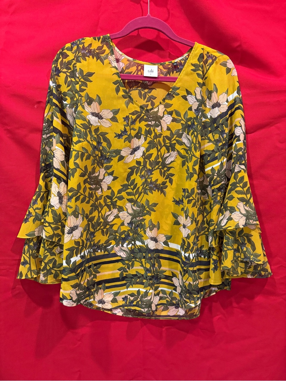 CAbi Mustard Yellow Floral V-Neck Ruffle Sleeve Blouse